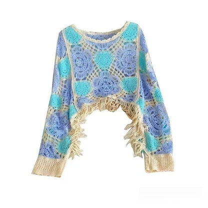Pull Crop Crochet Fait Main Motifs Floraux & Franges