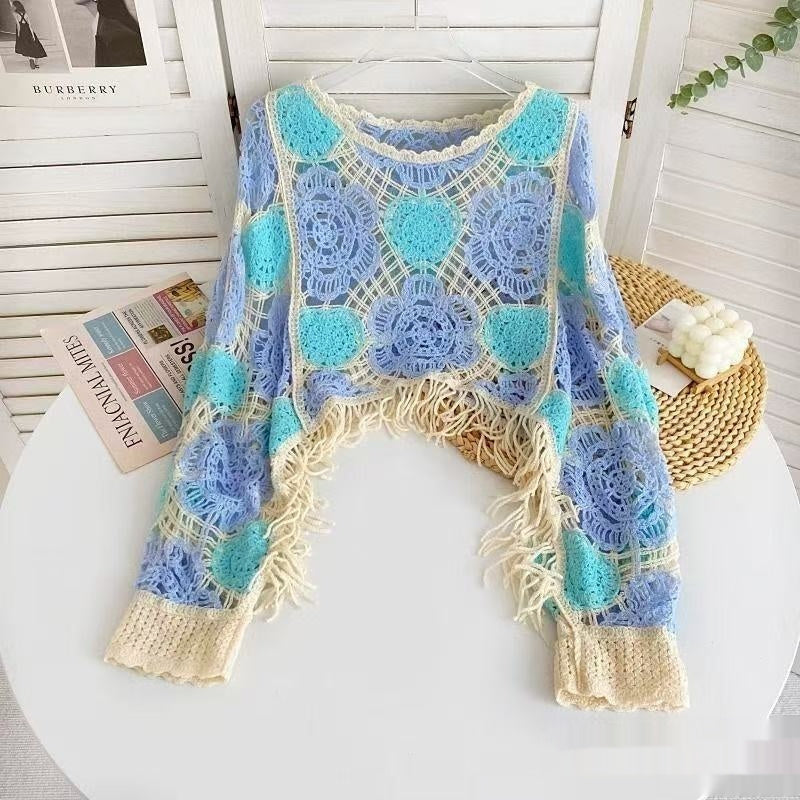 Pull Crop Crochet Fait Main Motifs Floraux & Franges