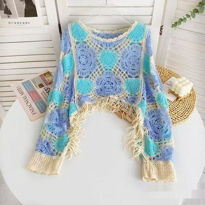 Pull Crop Crochet Fait Main Motifs Floraux & Franges