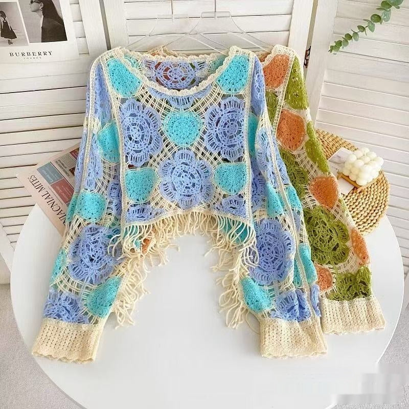 Pull Crop Crochet Fait Main Motifs Floraux & Franges