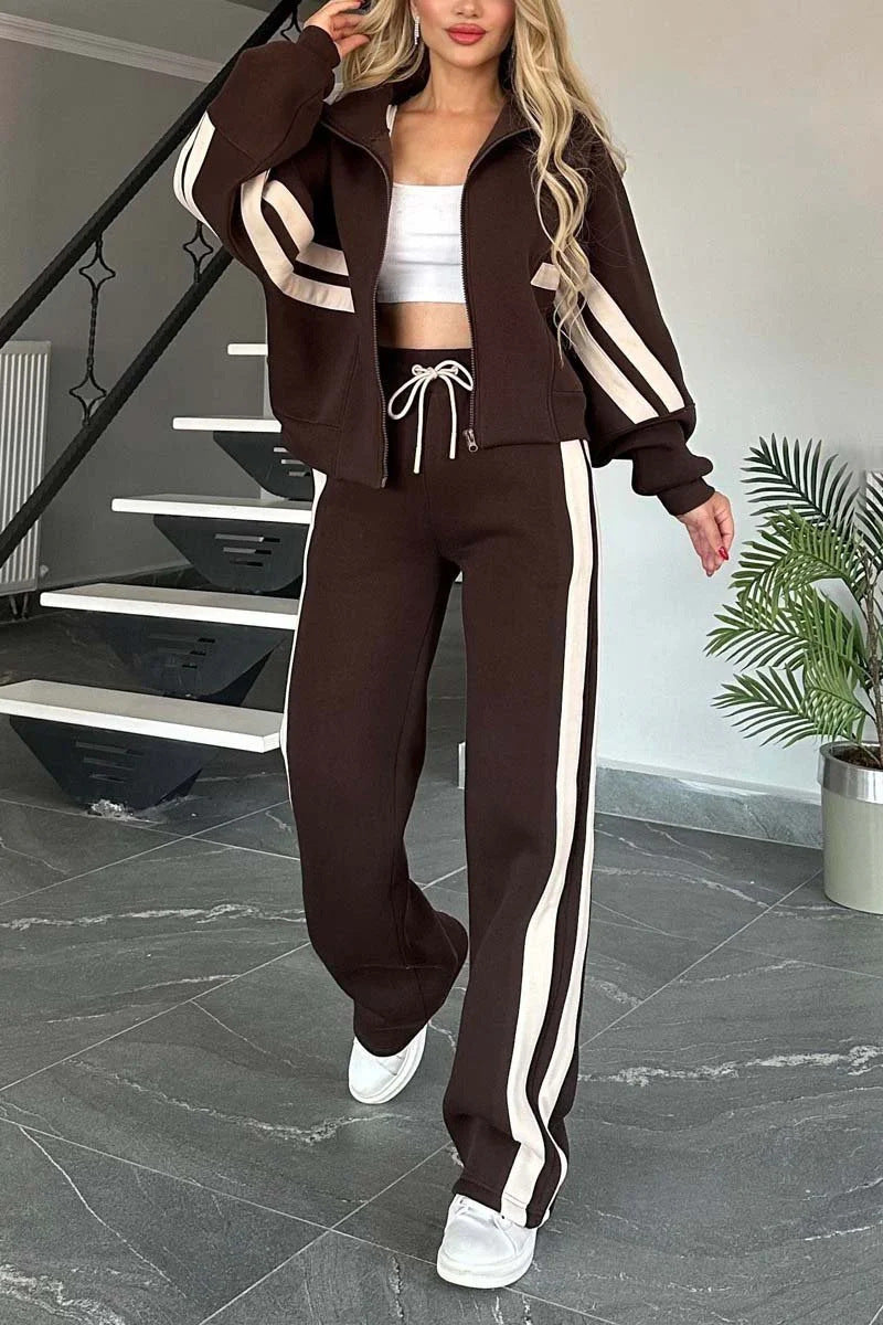 Ensemble Sportswear Zippé Bandes Contrastées & Pantalon Large