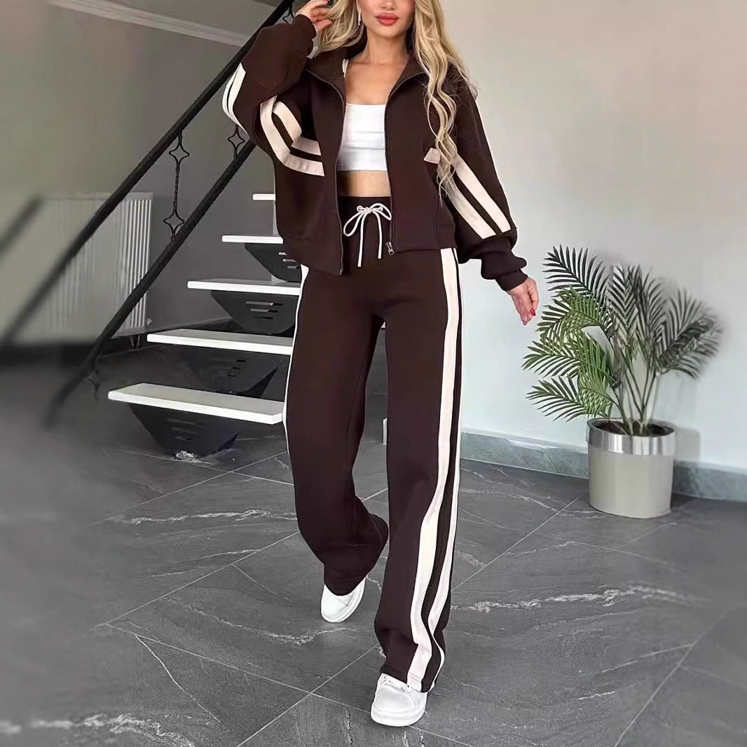 Ensemble Sportswear Zippé Bandes Contrastées & Pantalon Large