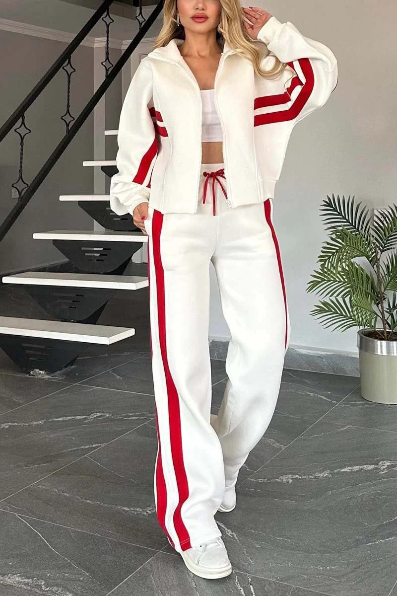 Ensemble Sportswear Zippé Bandes Contrastées & Pantalon Large