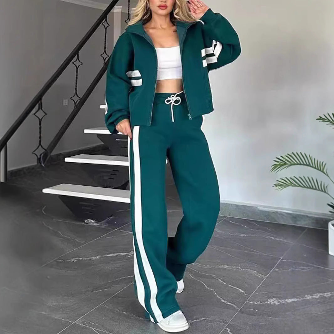 Ensemble Sportswear Zippé Bandes Contrastées & Pantalon Large