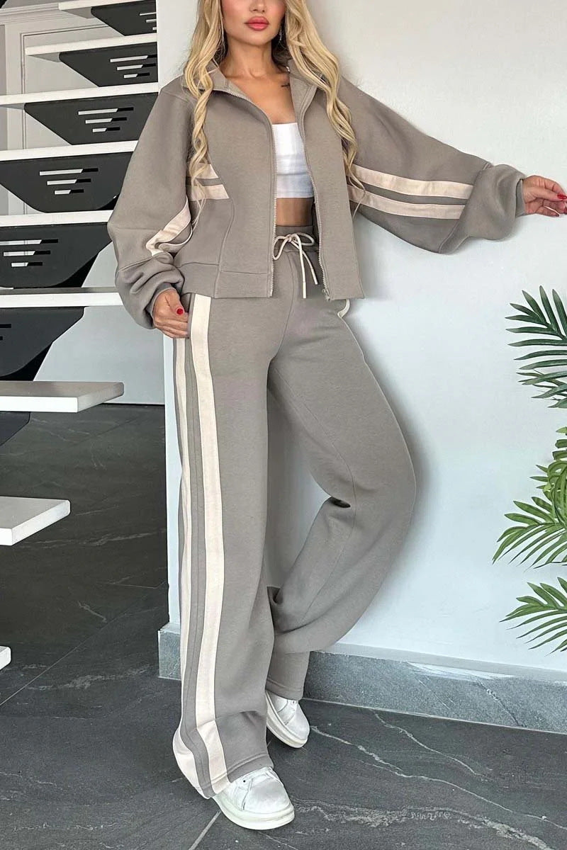 Ensemble Sportswear Zippé Bandes Contrastées & Pantalon Large