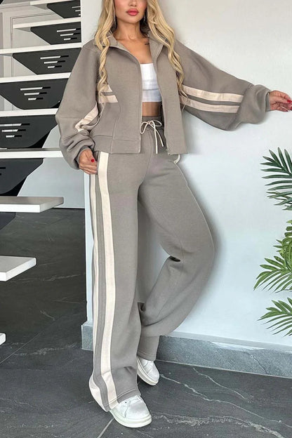 Ensemble Sportswear Zippé Bandes Contrastées & Pantalon Large