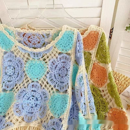 Pull Crop Crochet Fait Main Motifs Floraux & Franges