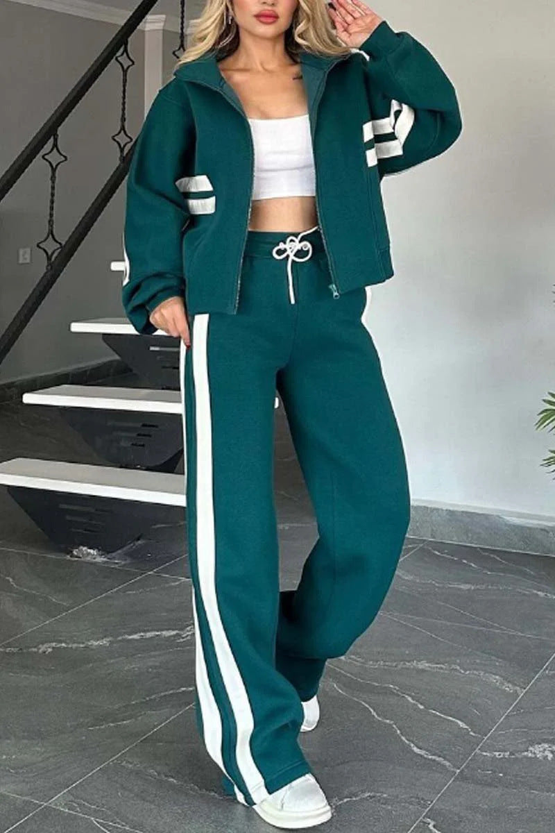 Ensemble Sportswear Zippé Bandes Contrastées & Pantalon Large
