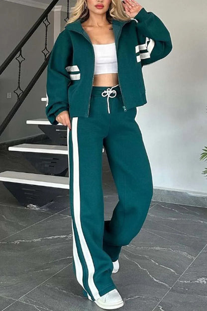 Ensemble Sportswear Zippé Bandes Contrastées & Pantalon Large