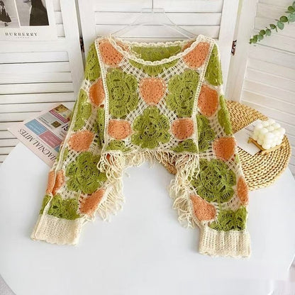 Pull Crop Crochet Fait Main Motifs Floraux & Franges
