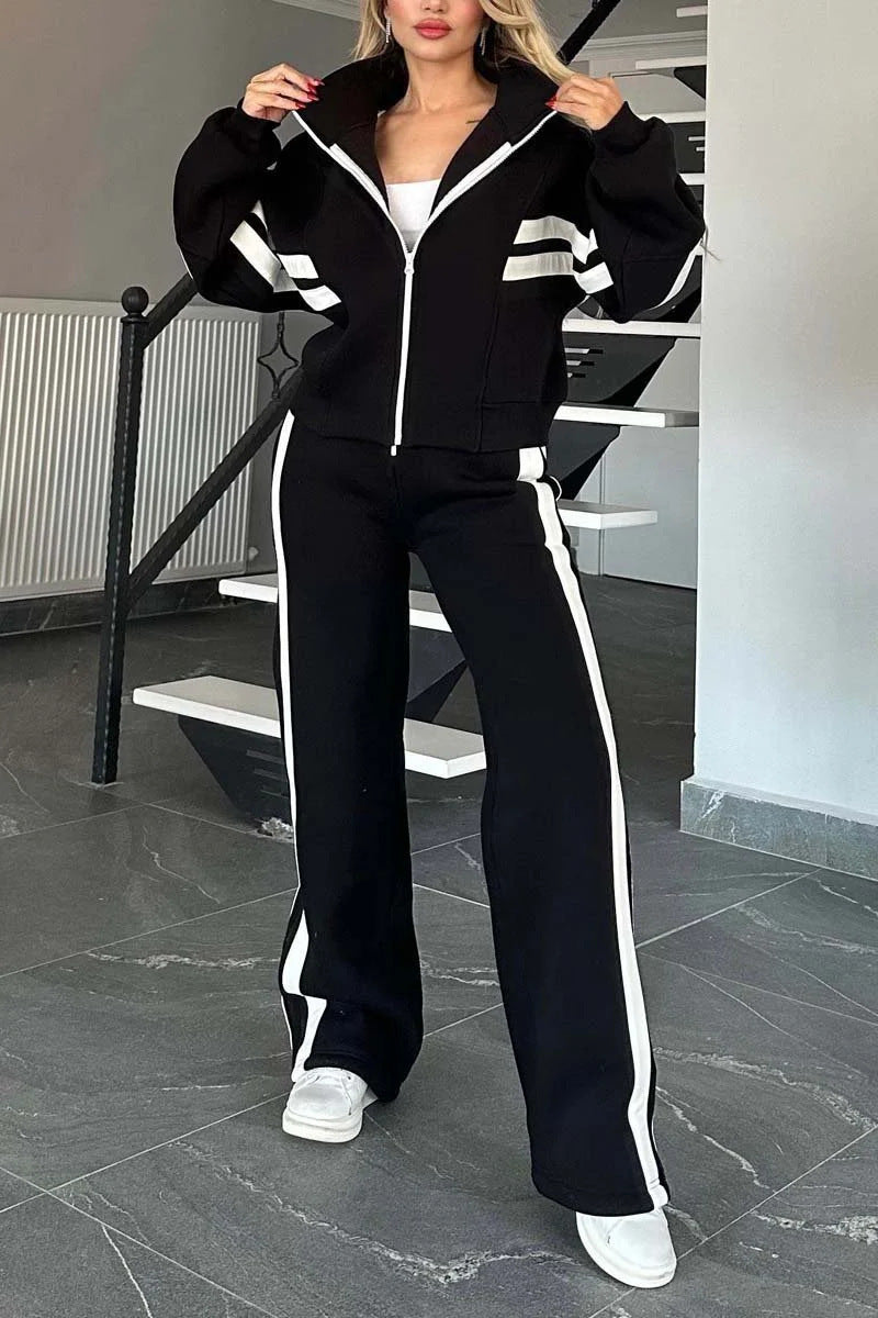 Ensemble Sportswear Zippé Bandes Contrastées & Pantalon Large